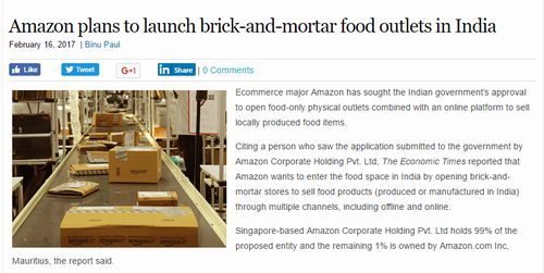 Amazon plans to launch brick-and-mortar food outlets in India